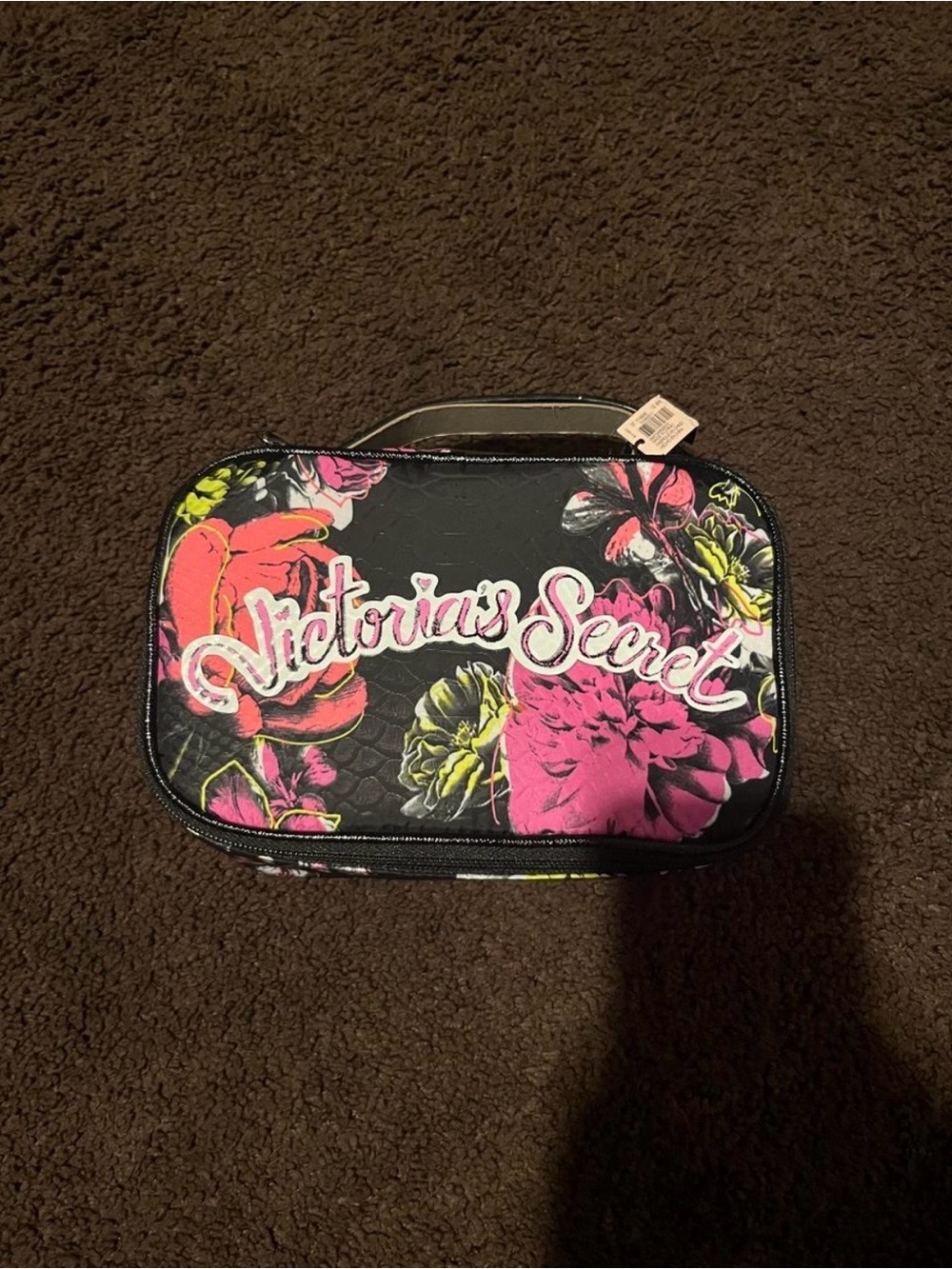 Victoria's Secret Black Floral Cosmetic Case with Pink & Yellow Flowers